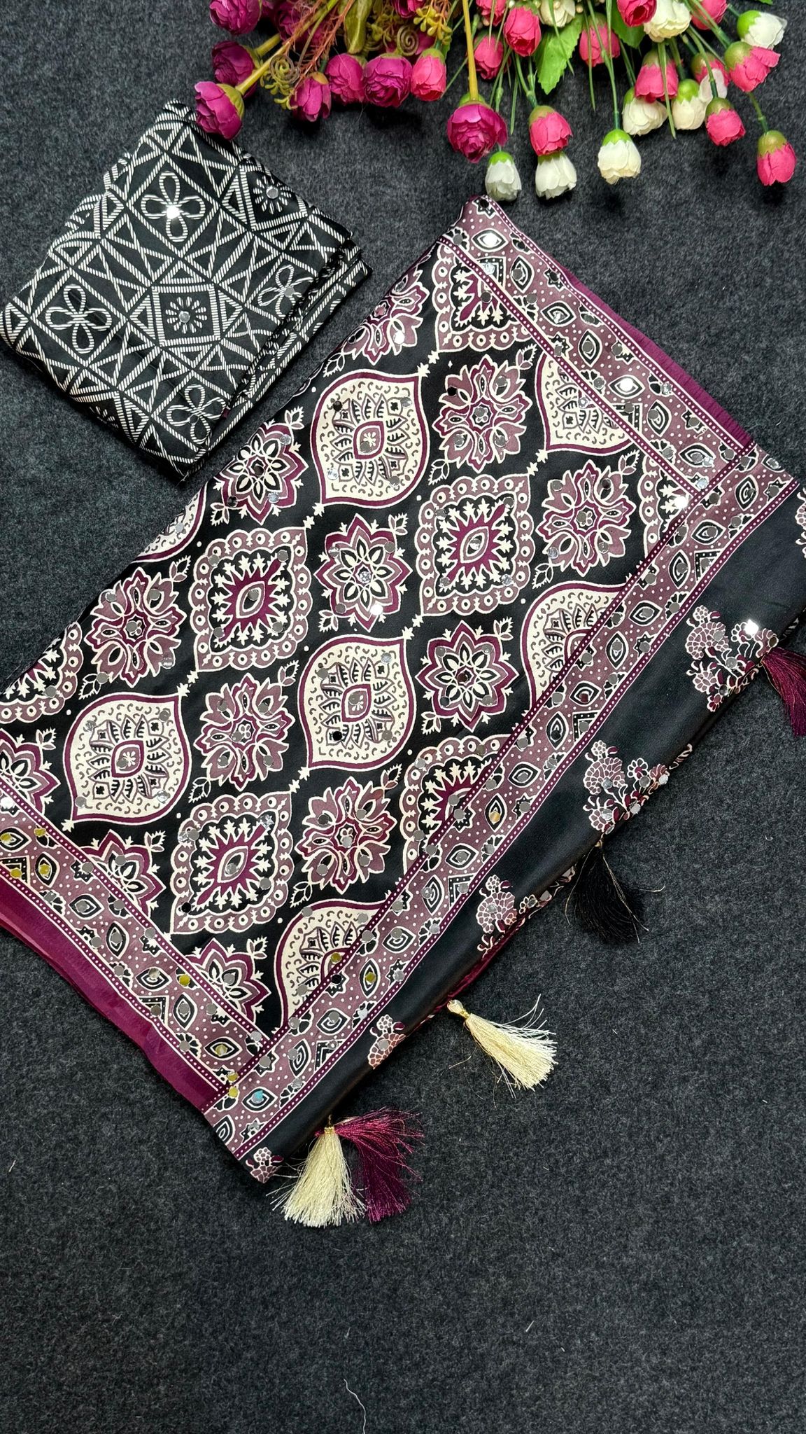 Ajrakh Tulips Regal Mirror Work Gajji Moss Satin Saree
